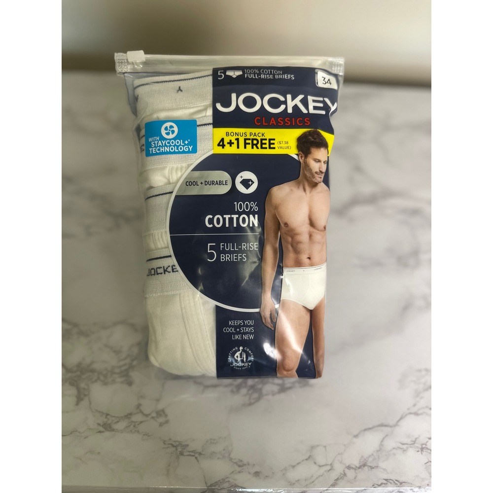Jockey Classics Mens 4 Pack Full Rise Briefs White 100% Cotton Size 34 see descr